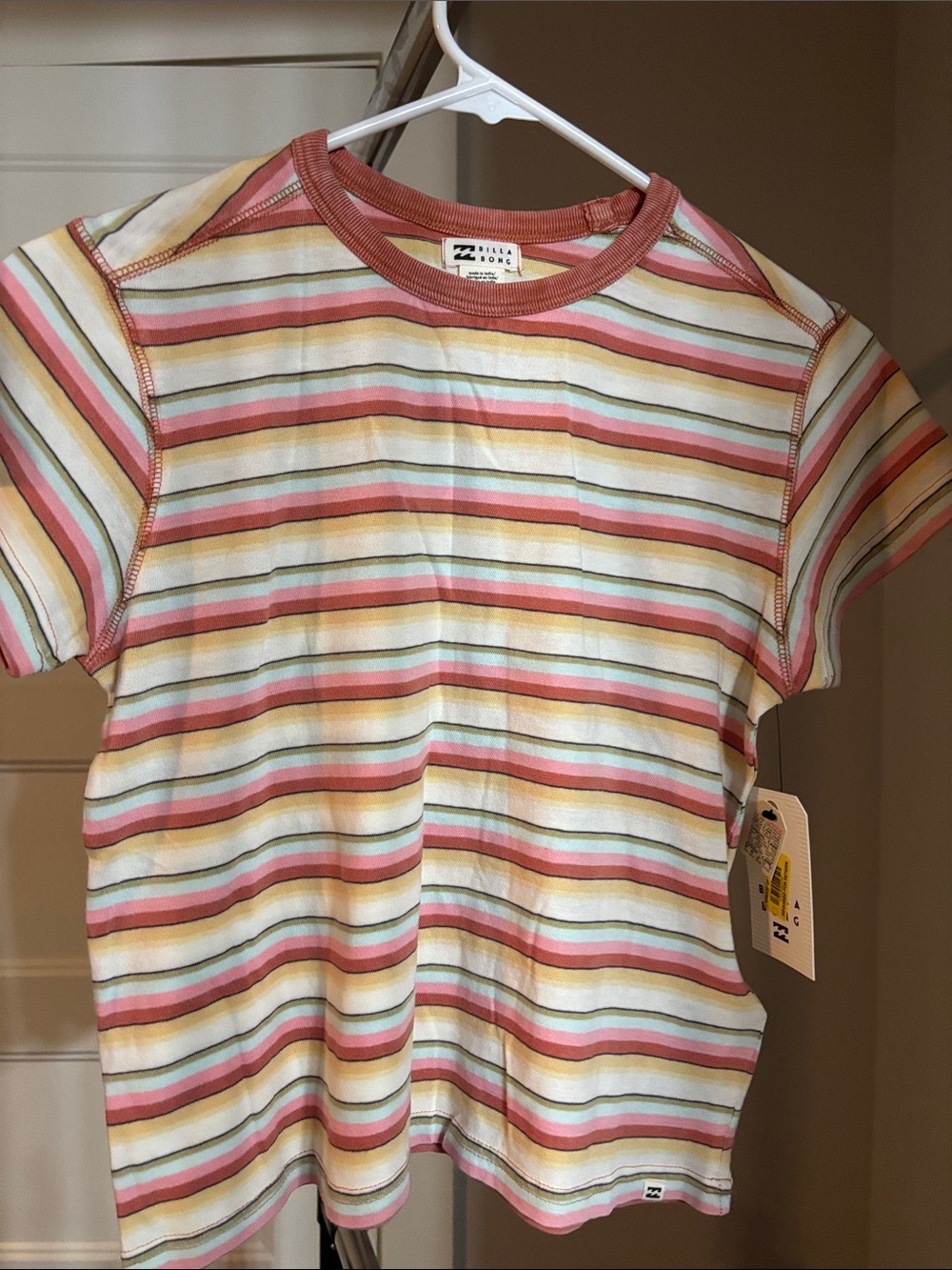 Billabong Striped Short Sleeve Tee in Pink, Yellow, Green